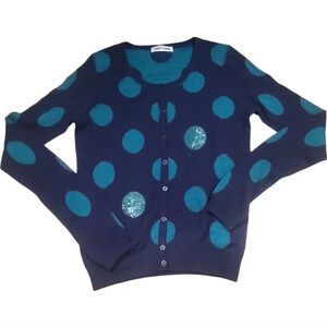 Who's Who navy blue teal dot sequin cardigan sweater xl silk wool